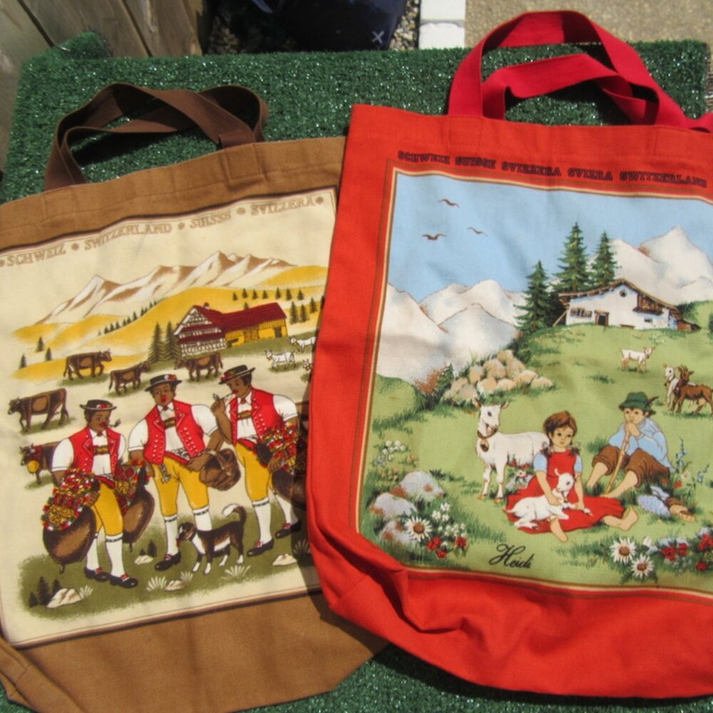 Set of 2 Fisba Stoffels Canvas Heidi Swiss Switzerland Tote Bags RARE